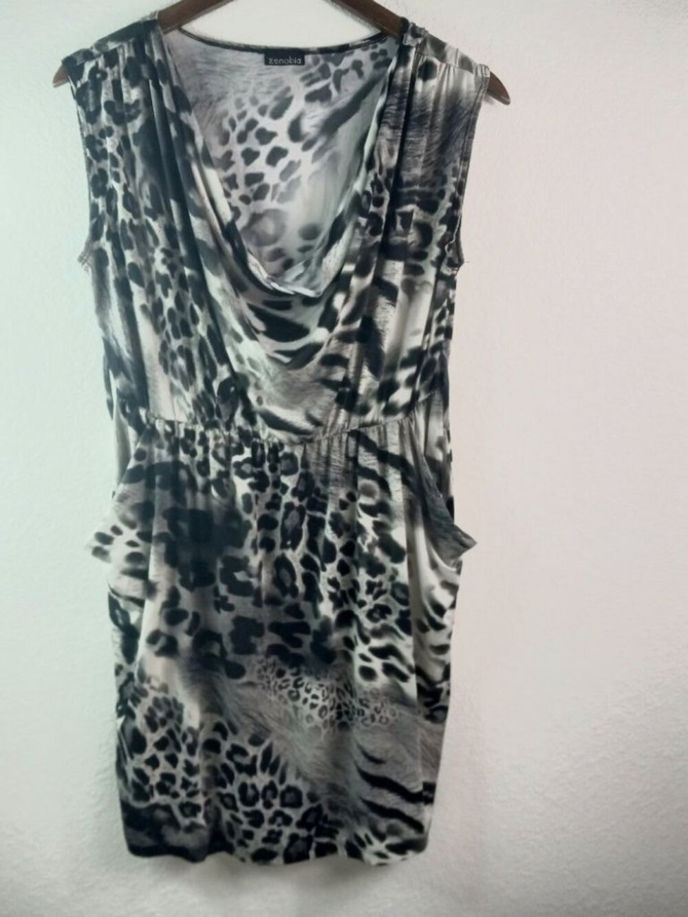 Zenobia S Animal Print Sleeveless Cowl Neck Pocketed Mini Dress